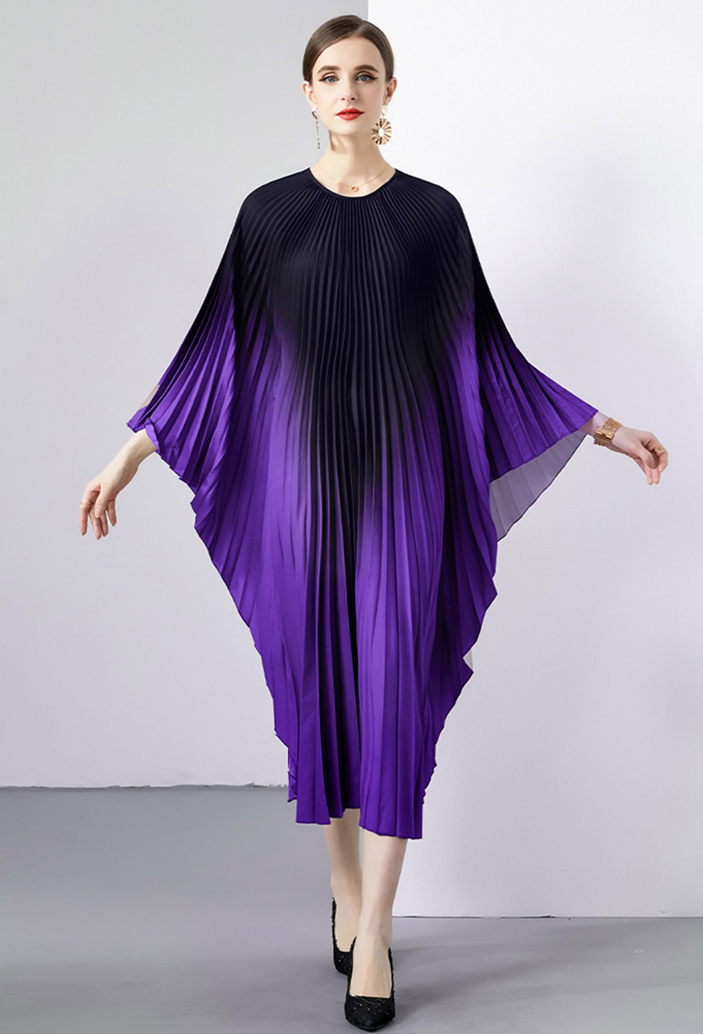 Purple Elohoegant Batwing Sleeve Pleated Maxi Casual Flowy Loose Dress