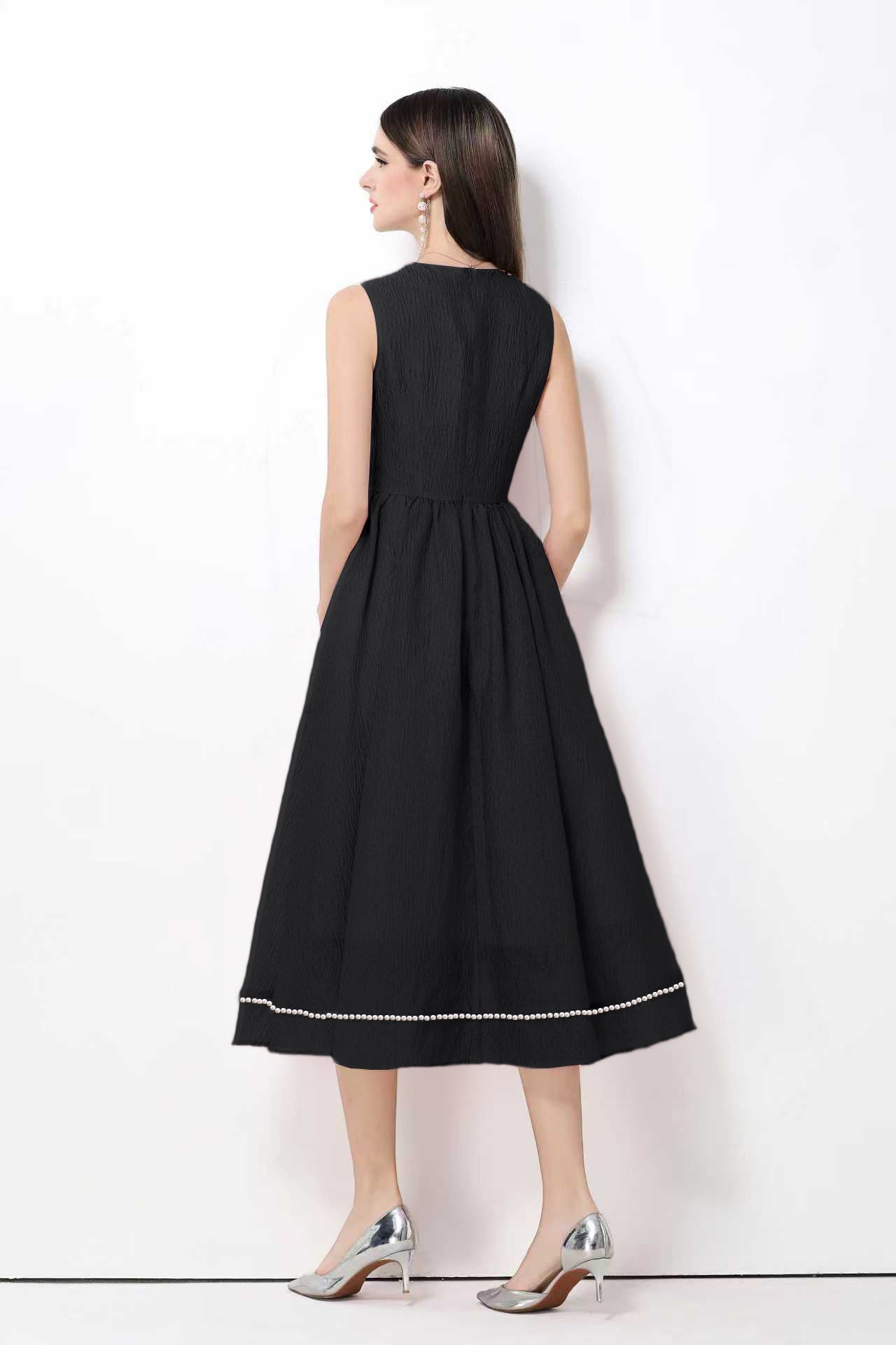 Elegant Pearl Trim A-Line Midi Dress - LAI MENG FIVE CATS
