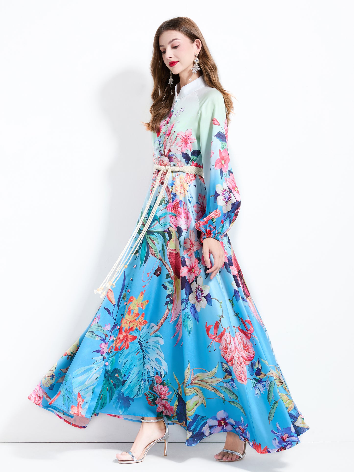 Women's Floral Print Puff Sleeve Split Maxi Dress