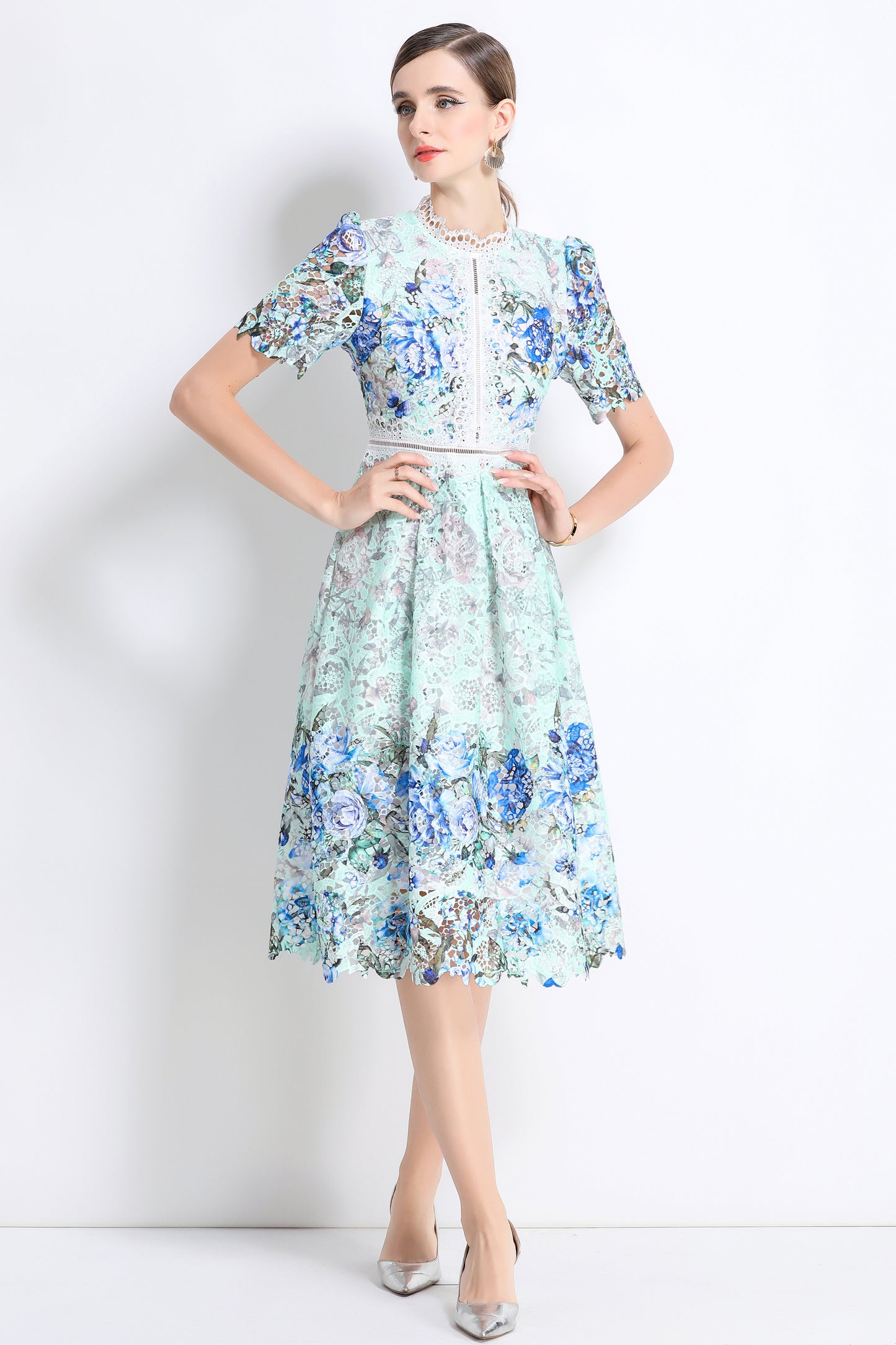 Women's Lace Floral Crochet Waist Midi Dress
