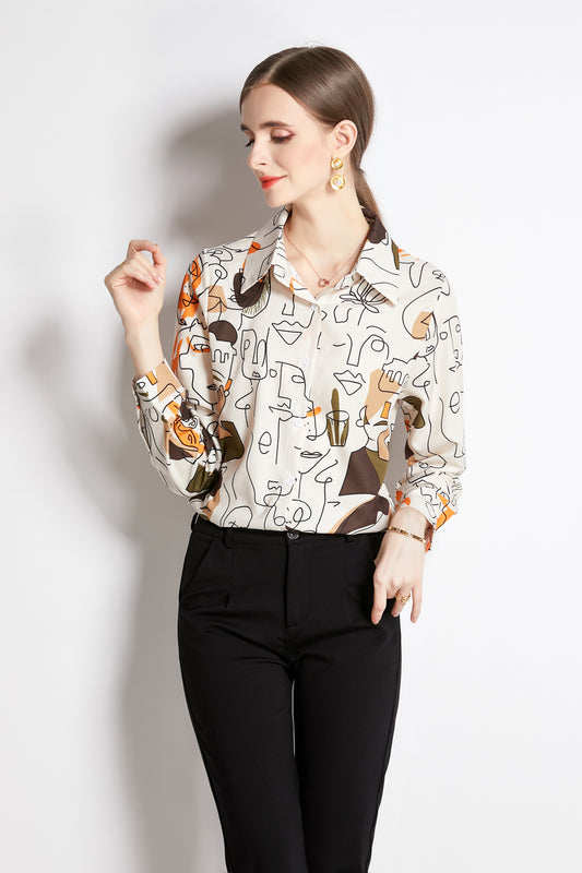 ESY-Women's Long Sleeve Lapel Collar Print Button Blouse - LAI MENG FIVE CATS