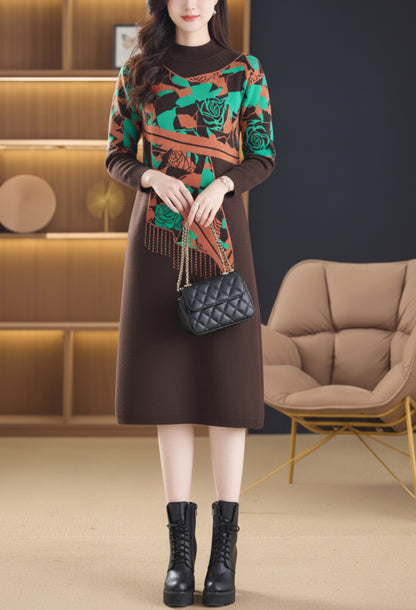 Women's Long Sleeve Print Ribbed Knitted Sweater Dress