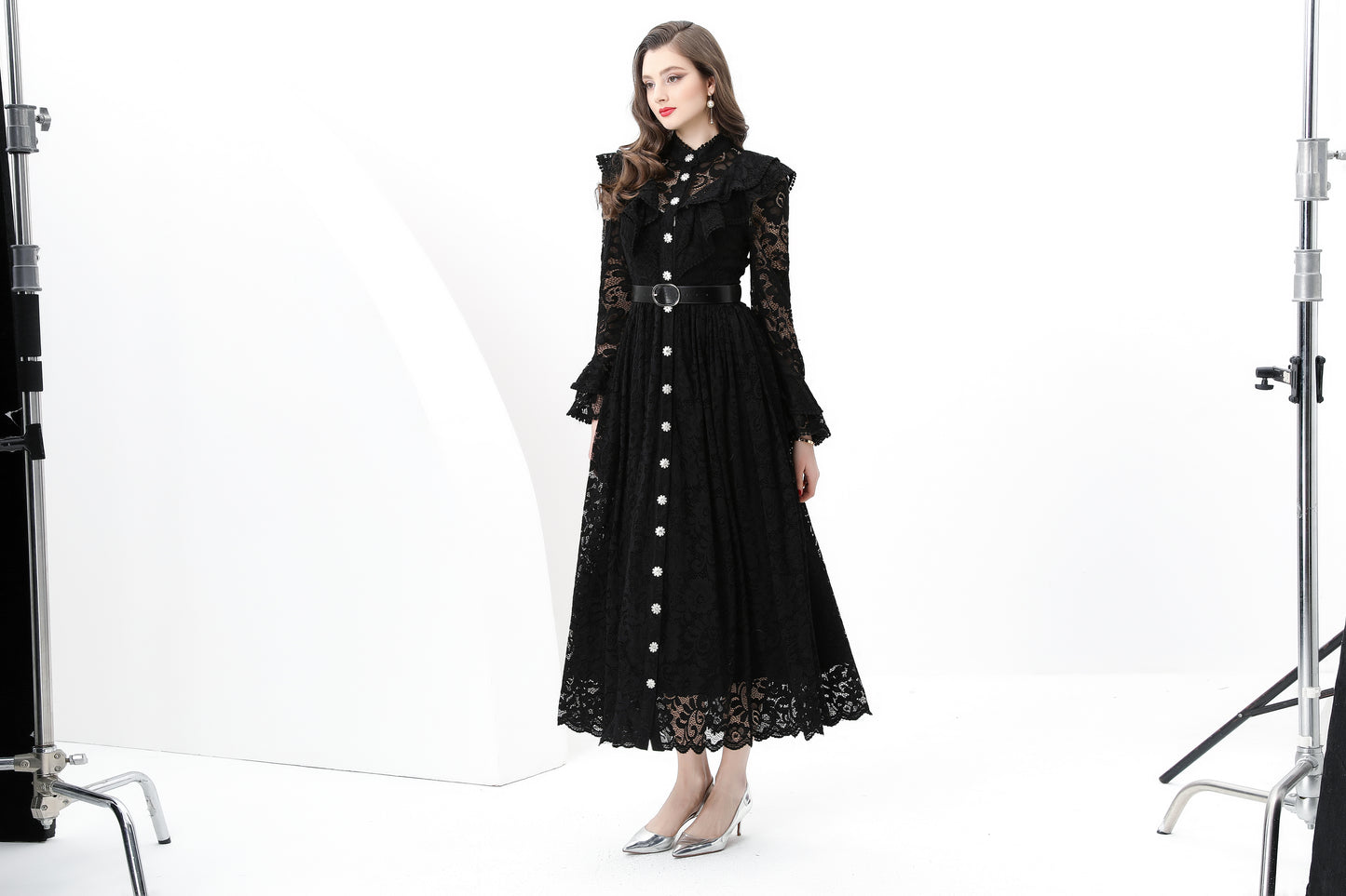 Women's Lace Mandarin Bell Sleeve Ruffles Dress