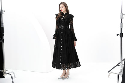 Women's Lace Mandarin Bell Sleeve Ruffles Dress