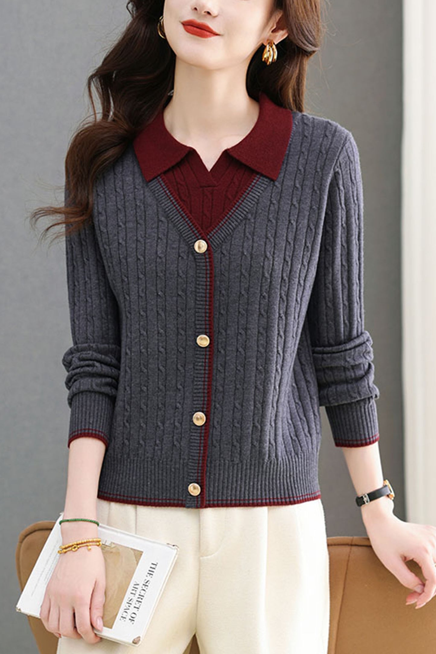 Women's Sweaters Tops Lapel Ribbed Knit Pullover Shirt