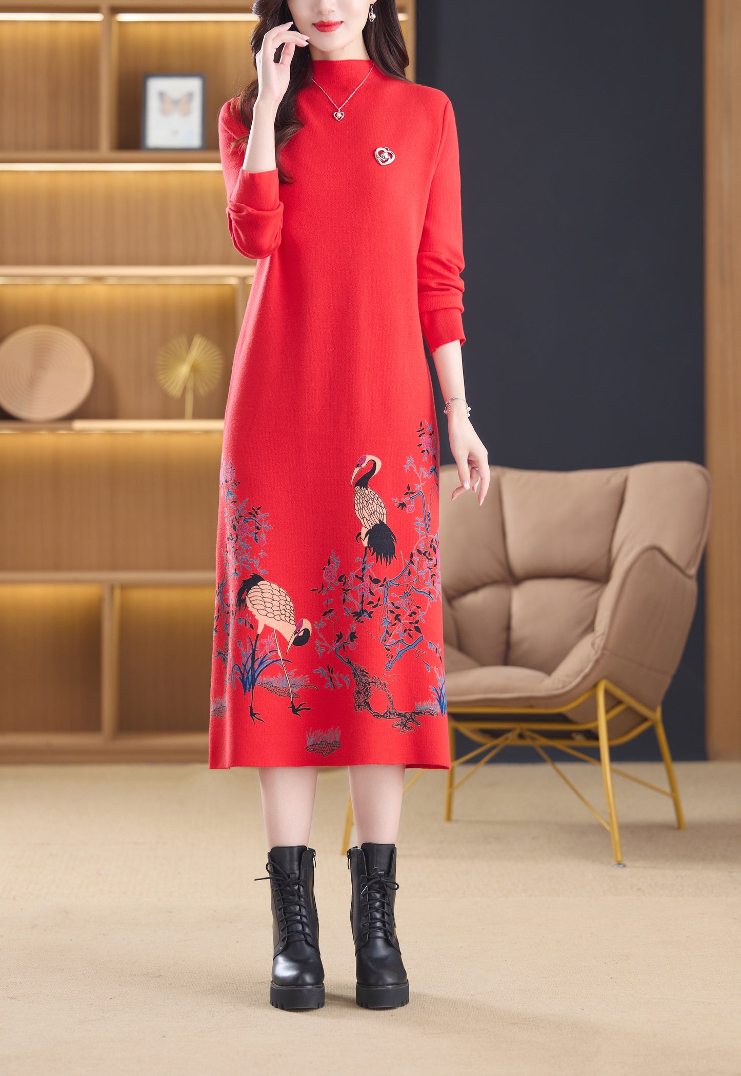 Women's Turtleneck Sweater Long Sleeve Red Dress