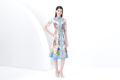 Women's Print Button Collar Short Sleeve Midi Dress