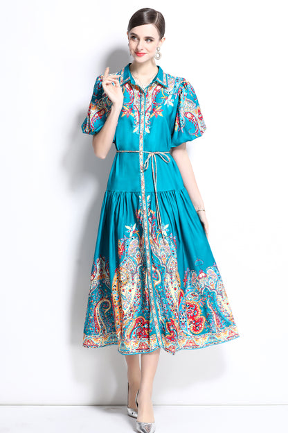 Women's Ethnic Print Loose Short Puff Sleeve Midi Dress