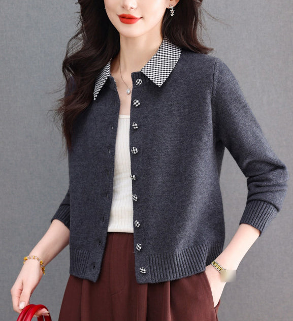 Contrast Gingham Collar Knit Cardigan – Vintage Button Sweater Top