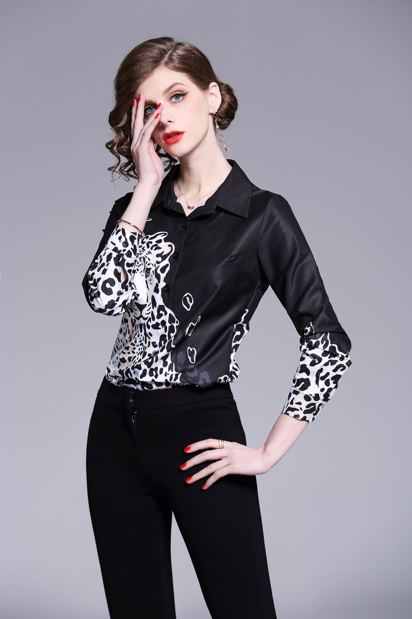 ESY-Women's Shirt Print Long Sleeve Button Blouse - LAI MENG FIVE CATS