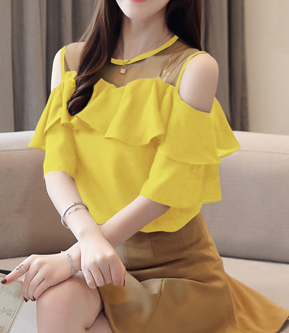 Cold Shoulder Chiffon Ruffle Top | Elegant Summer Statement Blouse