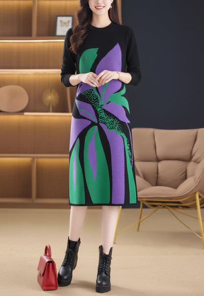 Women's Fashion Print Knit Pullover Sweater Midi Dress