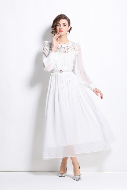 Lace Chiffon Puff Sleeves Maxi Dress with Belt