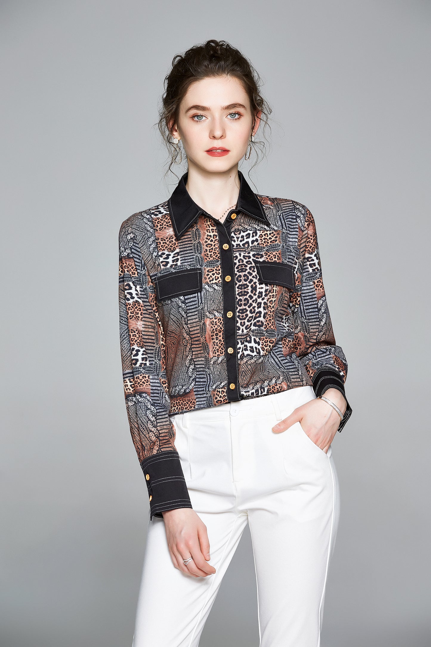 ESY-Women's Shirt Print Long Sleeve Button Blouse - LAI MENG FIVE CATS