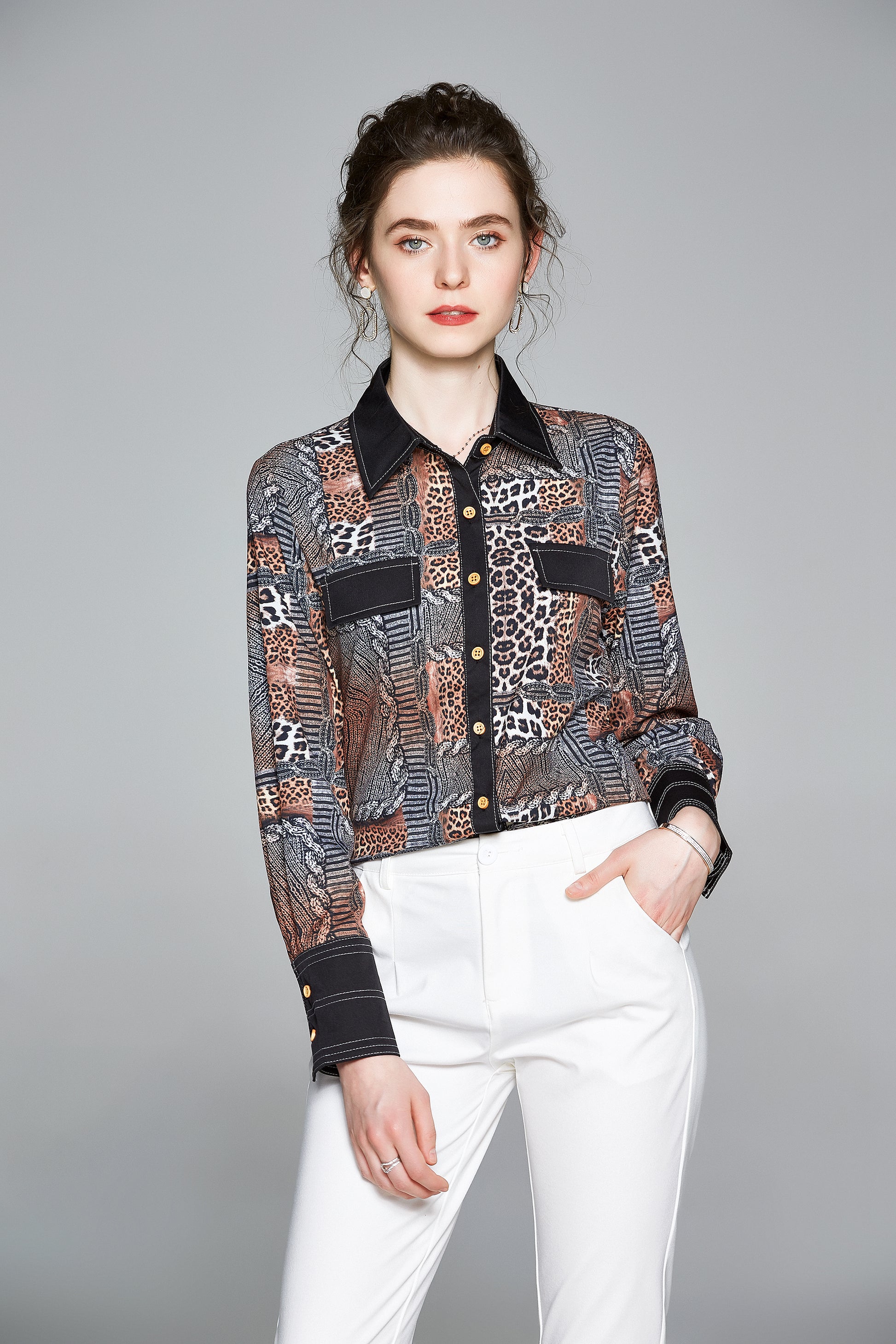 ESY-Women's Shirt Print Long Sleeve Button Blouse - LAI MENG FIVE CATS