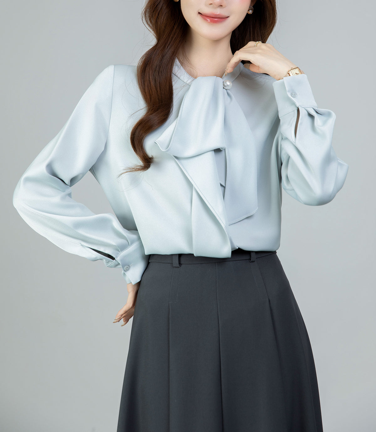 Light Blue Satin Tie-Neck Long Sleeve Blouse