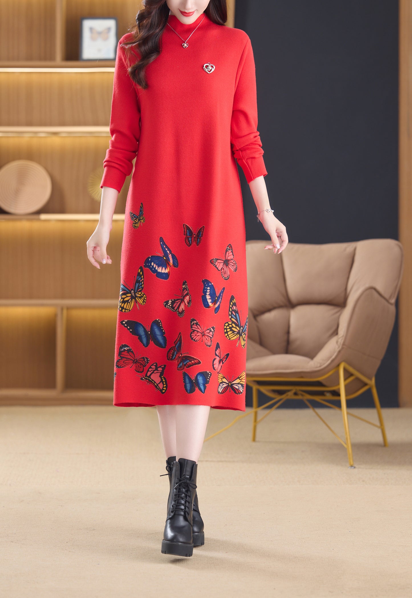 Women's Turtleneck Sweater Long Sleeve Red Dress