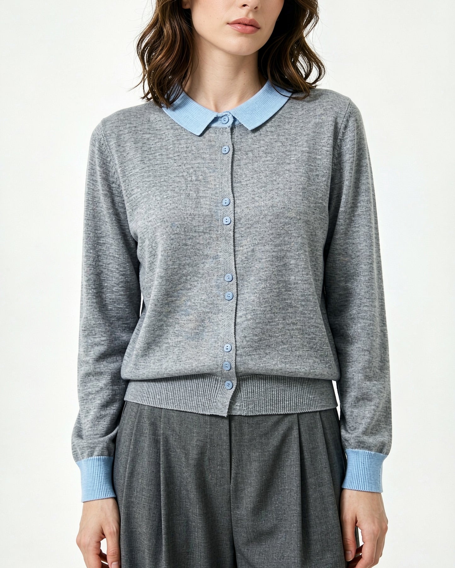 Contrast Collar Knit Cardigan – Two-Tone Polo Button-Up Sweater