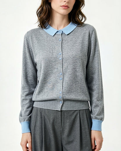 Contrast Collar Knit Cardigan – Two-Tone Polo Button-Up Sweater