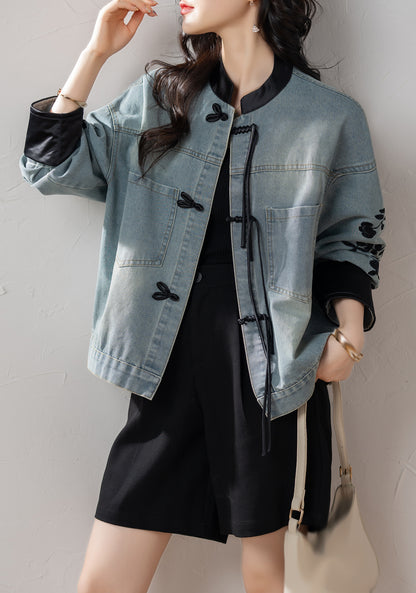 Womens Long Sleeve embroidery Denim Jacket with Pocket