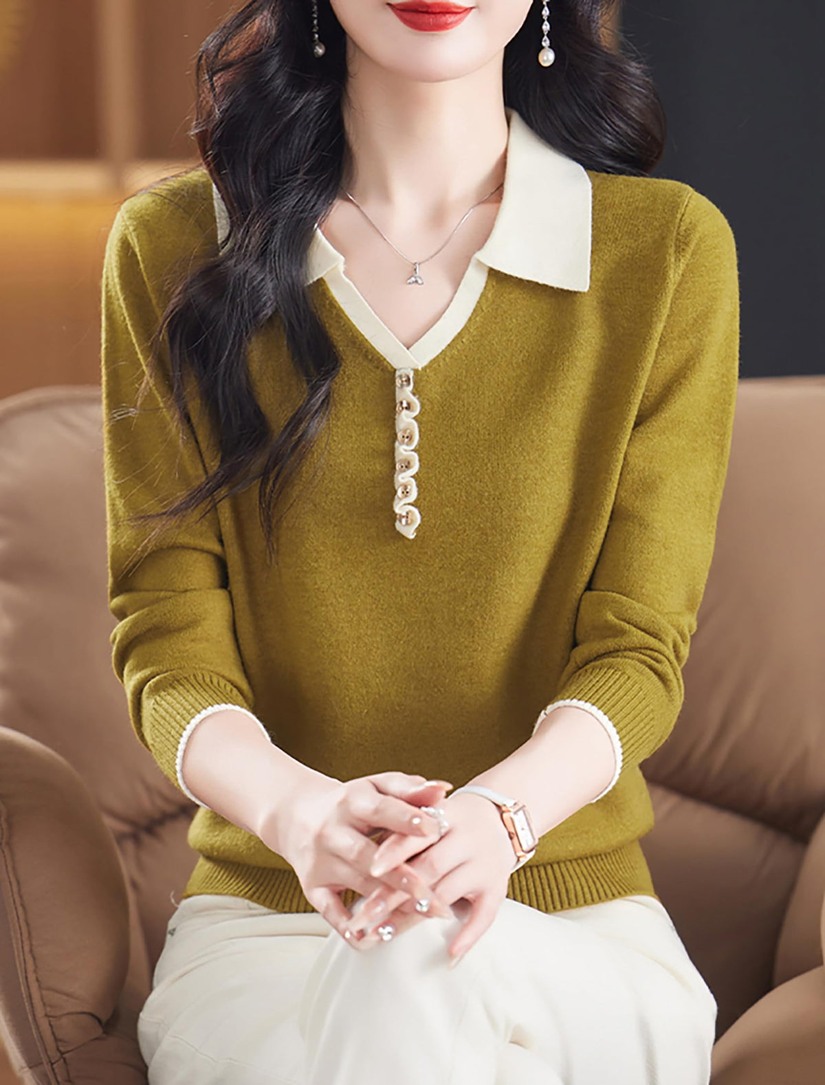 Women's Contrast-Collar Knit Top — Faux Button Placket