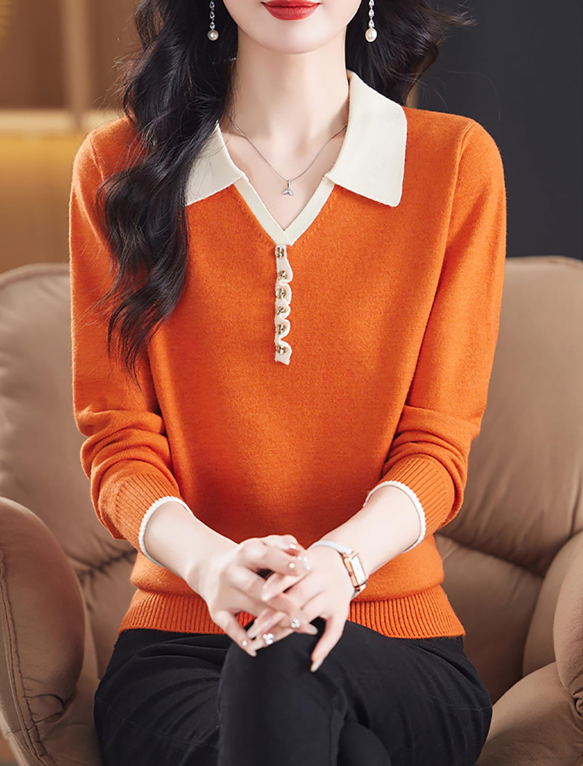 Women's Contrast-Collar Knit Top — Faux Button Placket