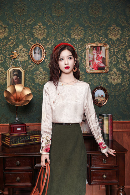 Women's Round Neck Jacquard Embroidery Blouses - LAI MENG FIVE CATS