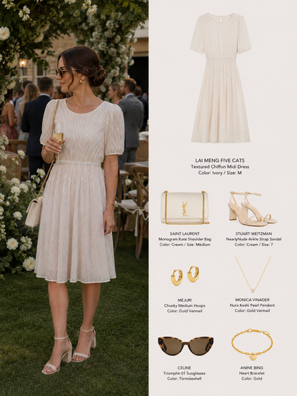 Ivory Textured Chiffon Midi Dress with Elastic Waist