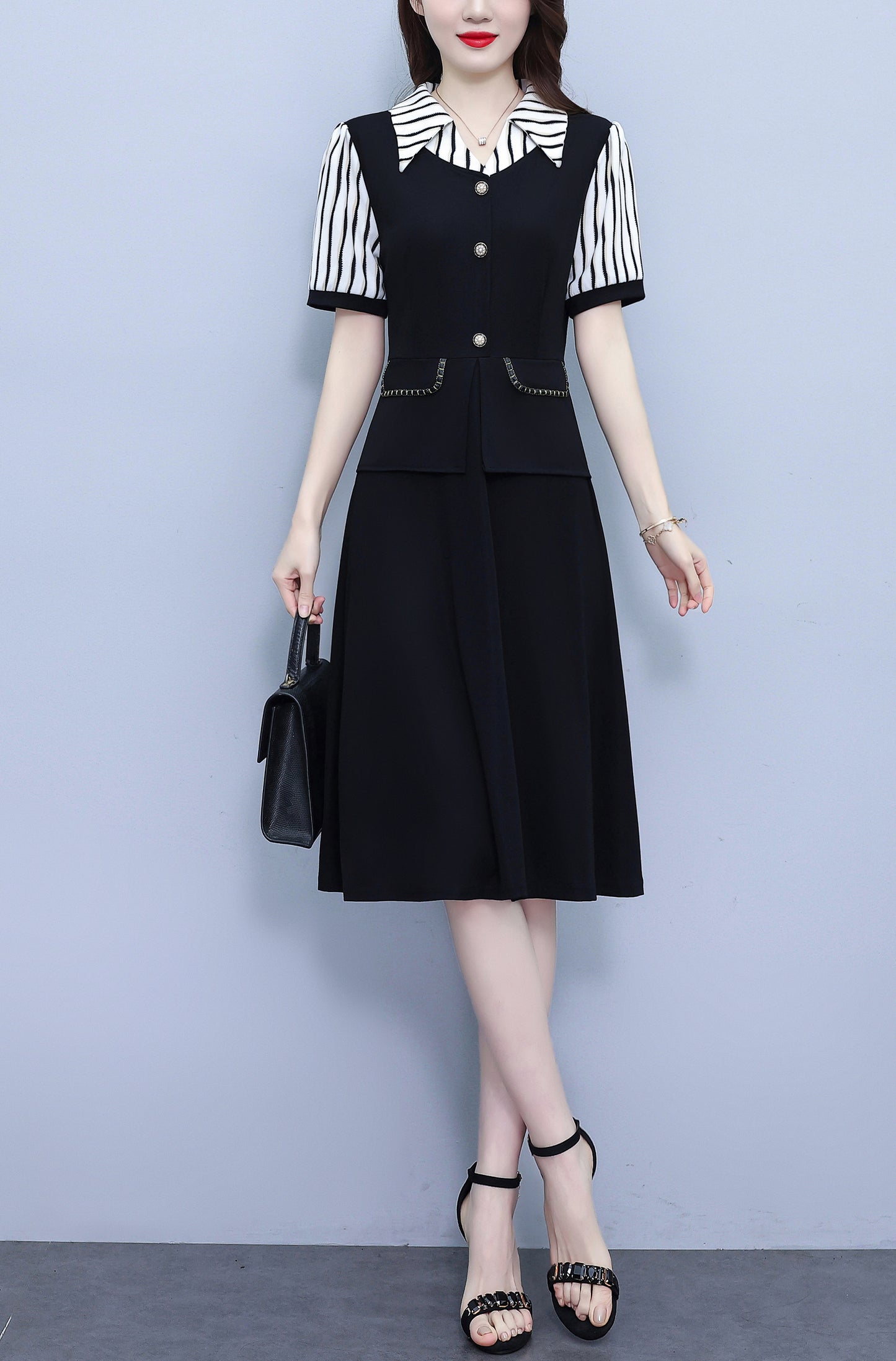 Women's Lapel V-Neck Pocket Short Sleeve Midi Dress - LAI MENG FIVE CATS