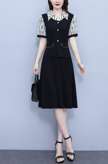 Women's Lapel V-Neck Pocket Short Sleeve Midi Dress - LAI MENG FIVE CATS