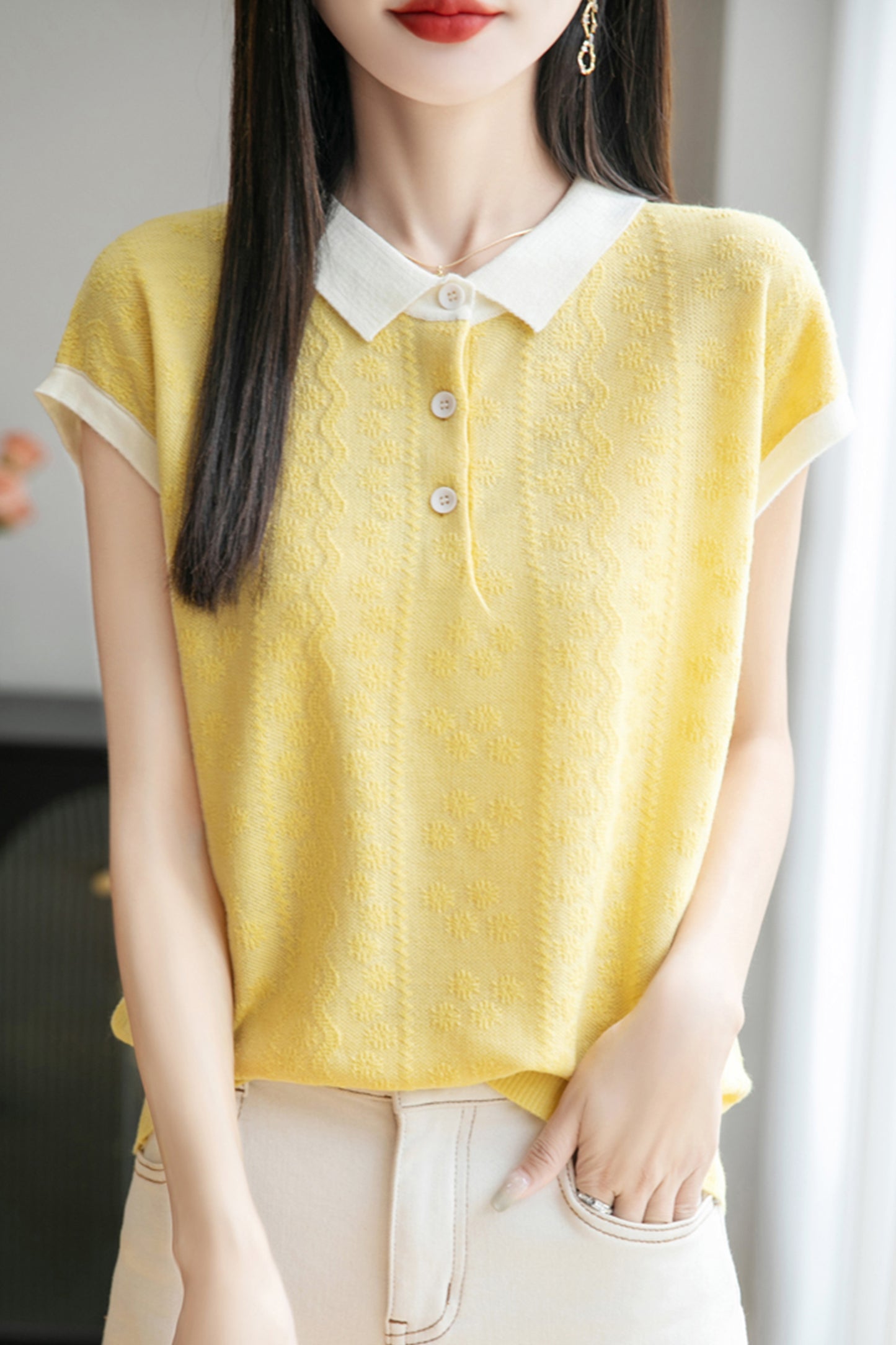 Women's Polo Shirt Knit Tops Color Block Blouse