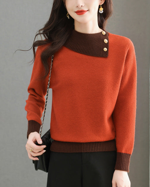Chic Color-Block Knit Sweater – Asymmetric Neck Pullover Tops