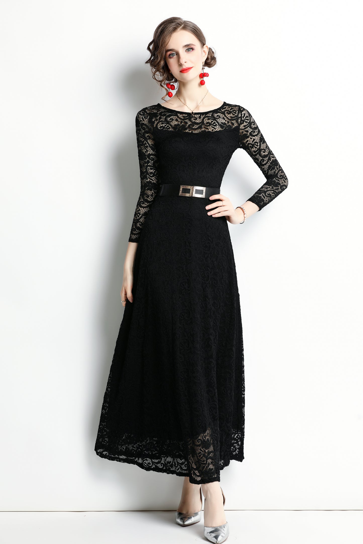 SSY-Women's 3/4 Sleeve Lace Overlay Maxi Dress