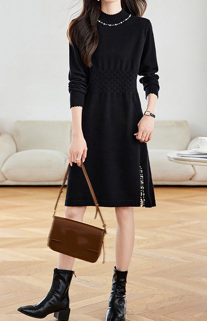 28711 Mock Neck Knit Dress With Pearl Slit Detail - LAI MENG FIVE CATS