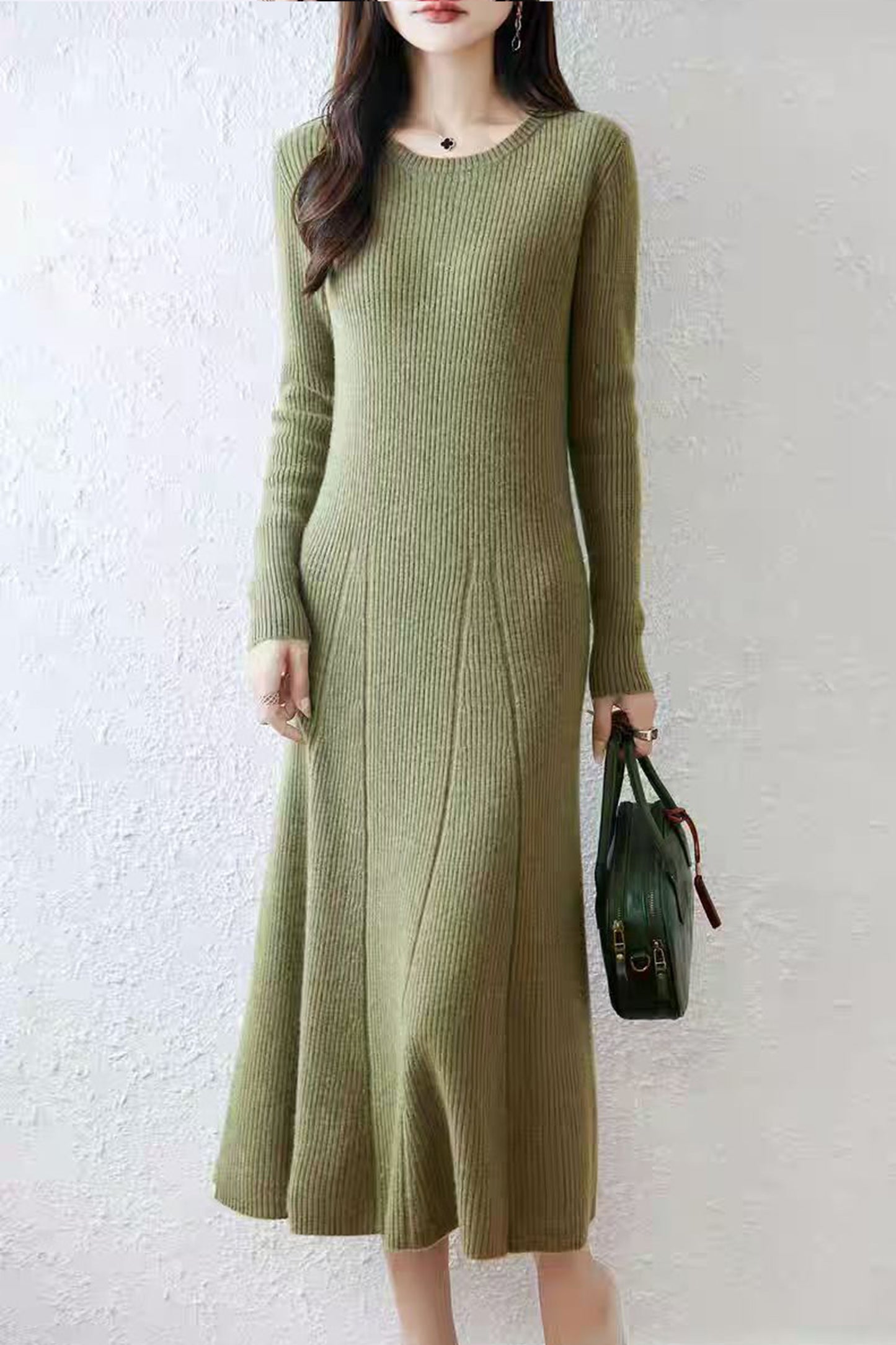 Women's Round Neck Sweater Ribbed Knit Maxi Dress