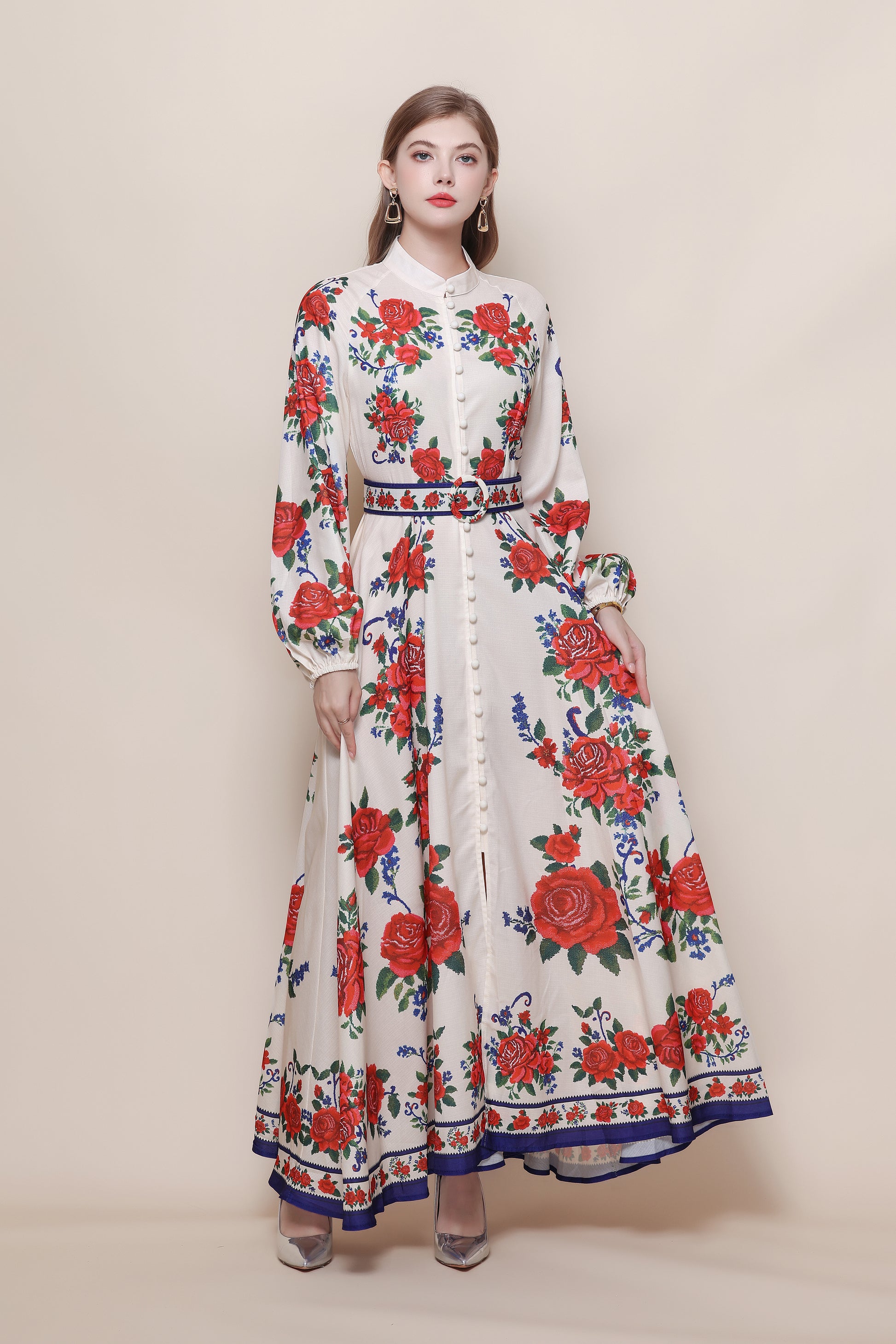 26-Women's Floral Print Puff Sleeve Button Maxi Dress - LAI MENG FIVE CATS