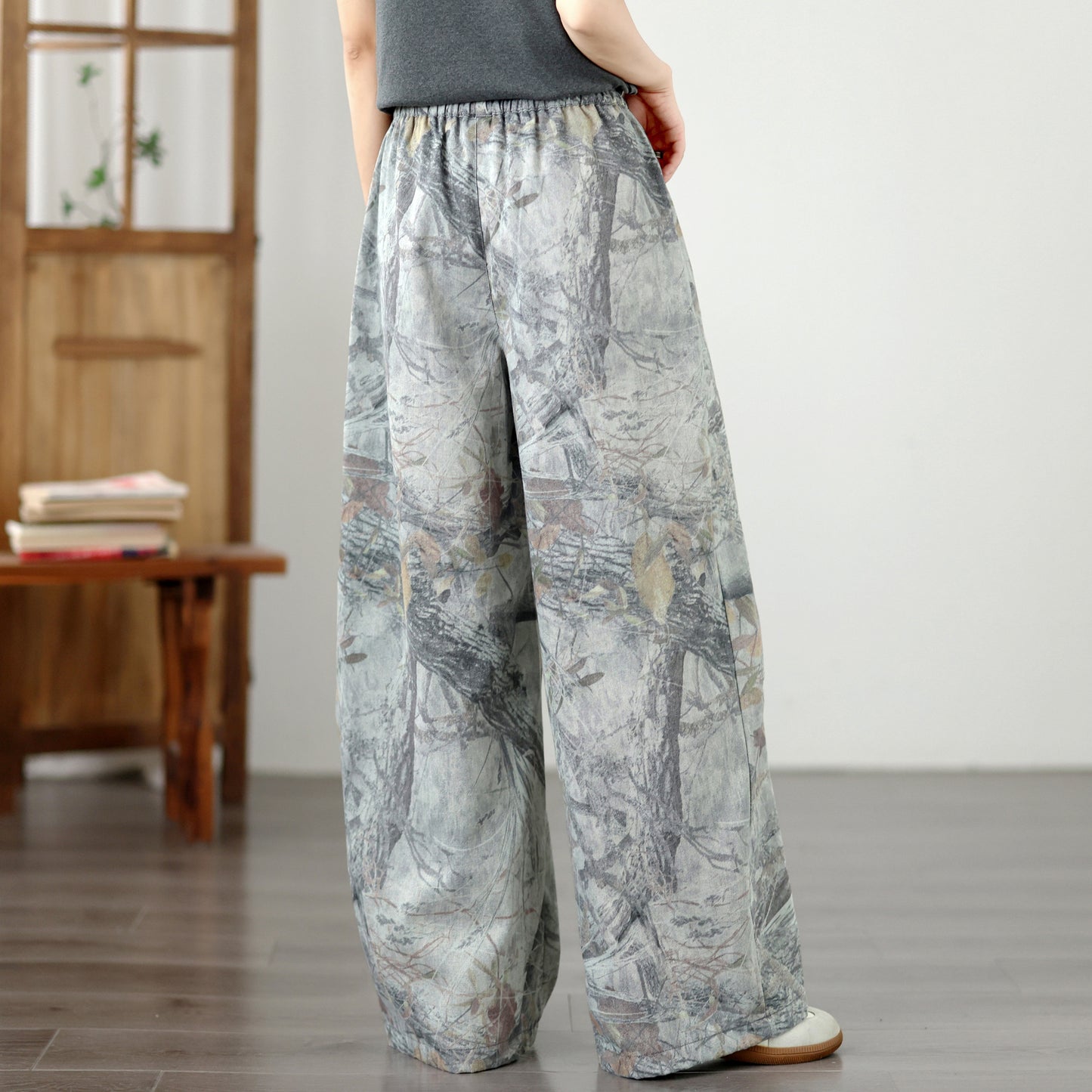Women's Wide Leg Jeans Lightweight Wasited Elastic Print Y2K Pants - LAI MENG FIVE CATS