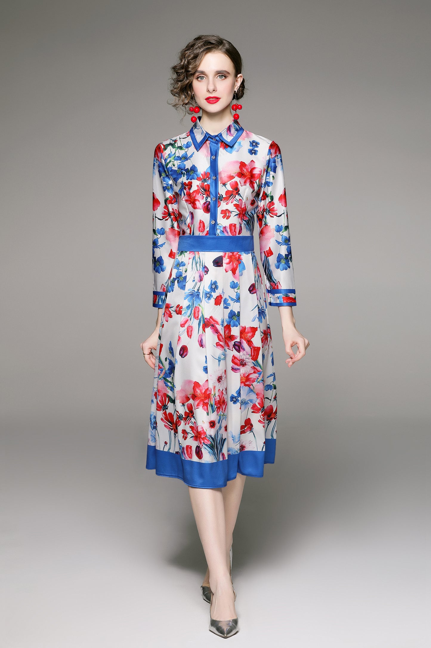FSY-Women's Floral Print Button A-line Flowy Midi Dress