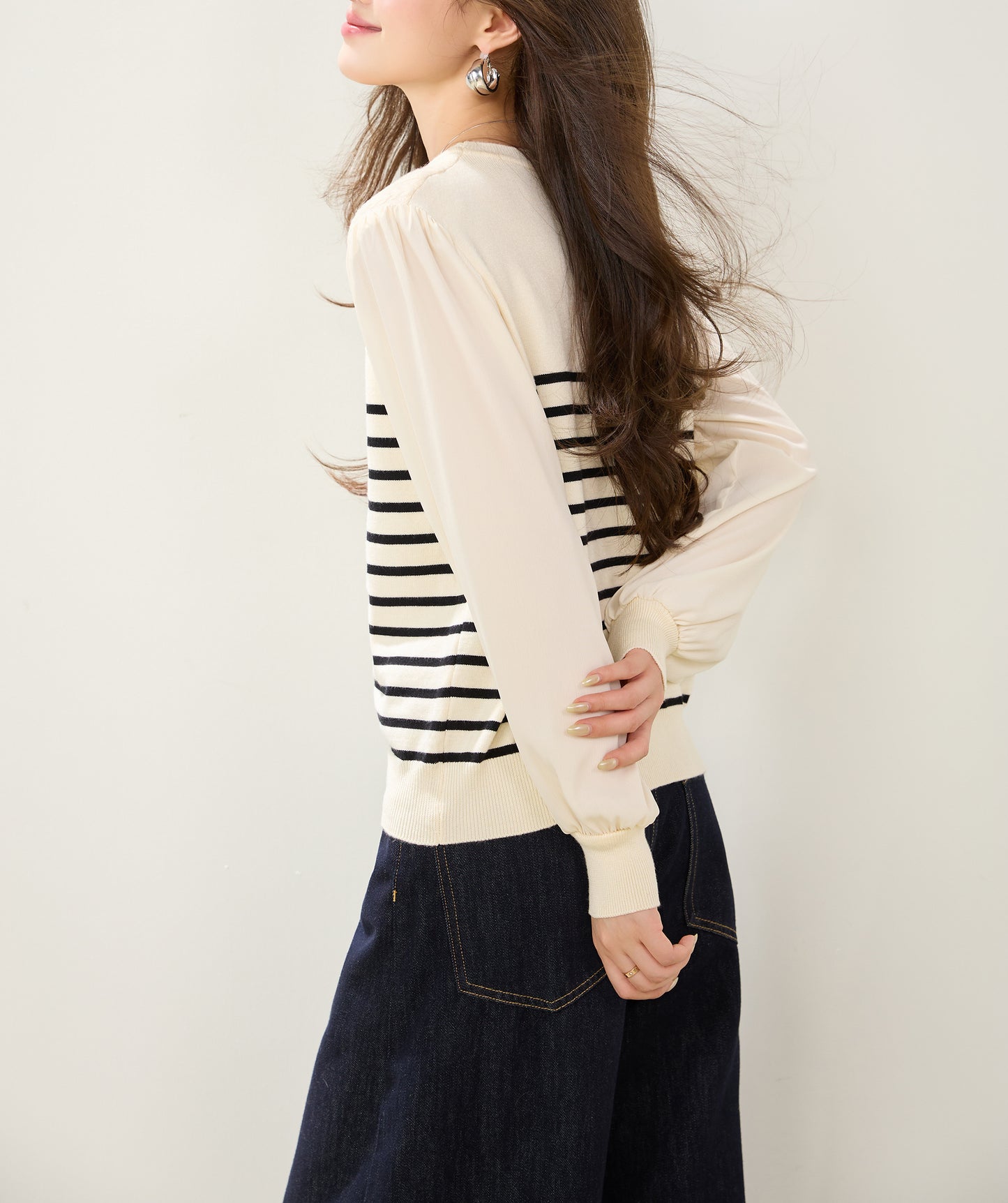 Ivory Striped Lace-Detail Knit Sweater with Chiffon Sleeves