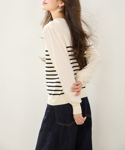 Ivory Striped Lace-Detail Knit Sweater with Chiffon Sleeves