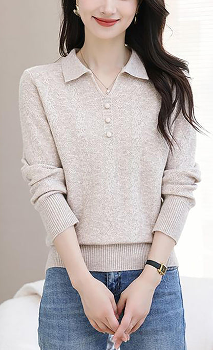 Women's Pink Polo Knit Top — V-Neck & Long Sleeve Ribbet Knitted