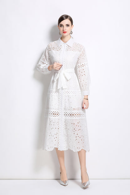 Puff Sleeves Shirt Collar Midi Dress