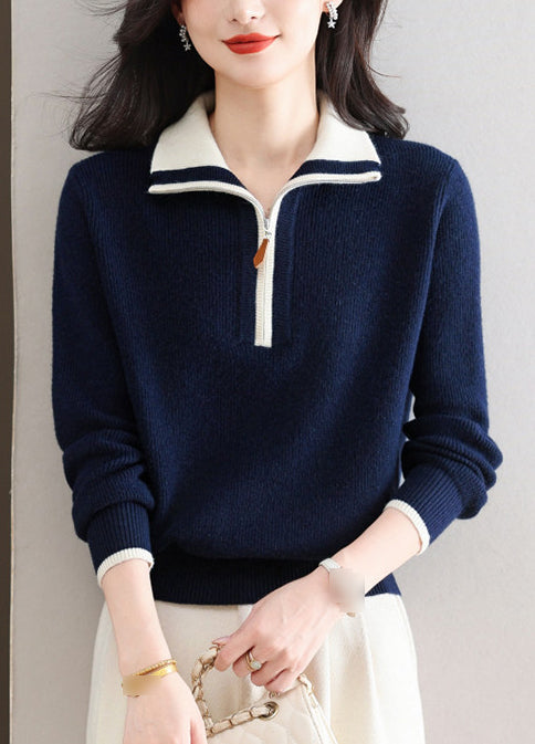 Contrast Collar Half-Zip Knit Sweater – Chic Colorblock Ribbed Pullover