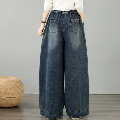 28668-Vintage Denim Wide-Leg Pants with Embroidery &Elastic Waist