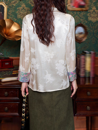 Elegant Chinese Style Jacquard Blouse with Vintage Buttons