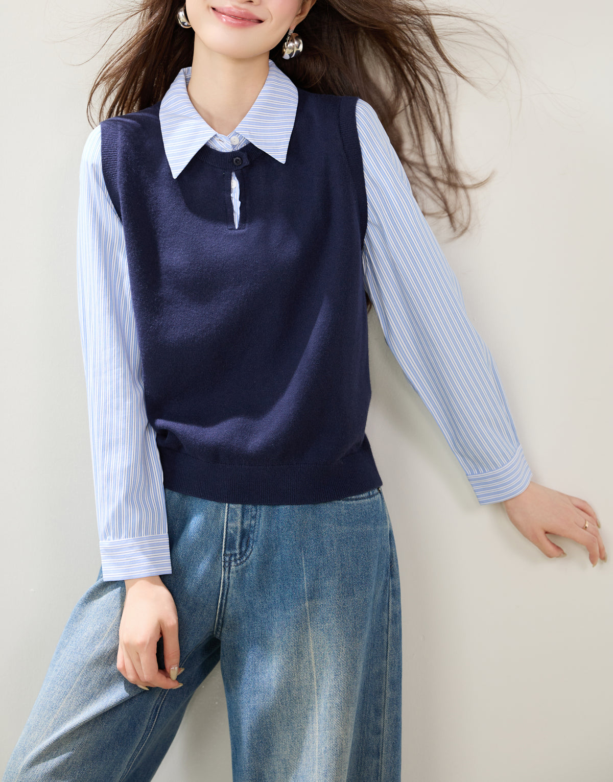 Navy Striped Collared Knit Shirt – Polished Preppy Fall Top