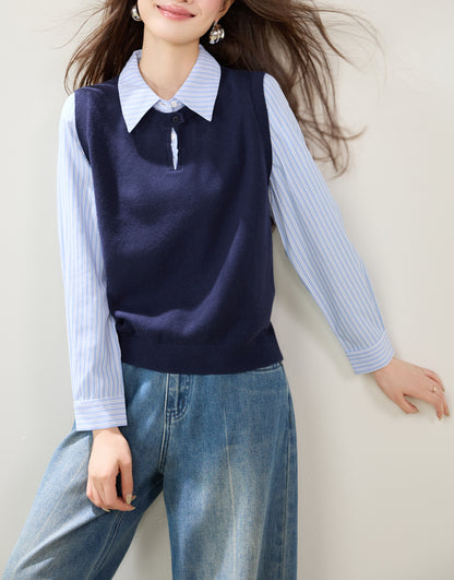 Navy Striped Collared Knit Shirt – Polished Preppy Fall Top