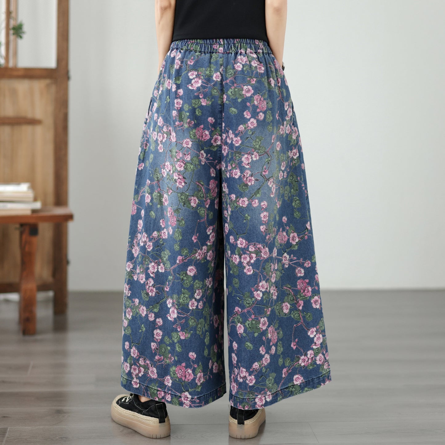 Women's Wide Leg Jeans Baggy Floral Wasited Elastic Pants - LAI MENG FIVE CATS