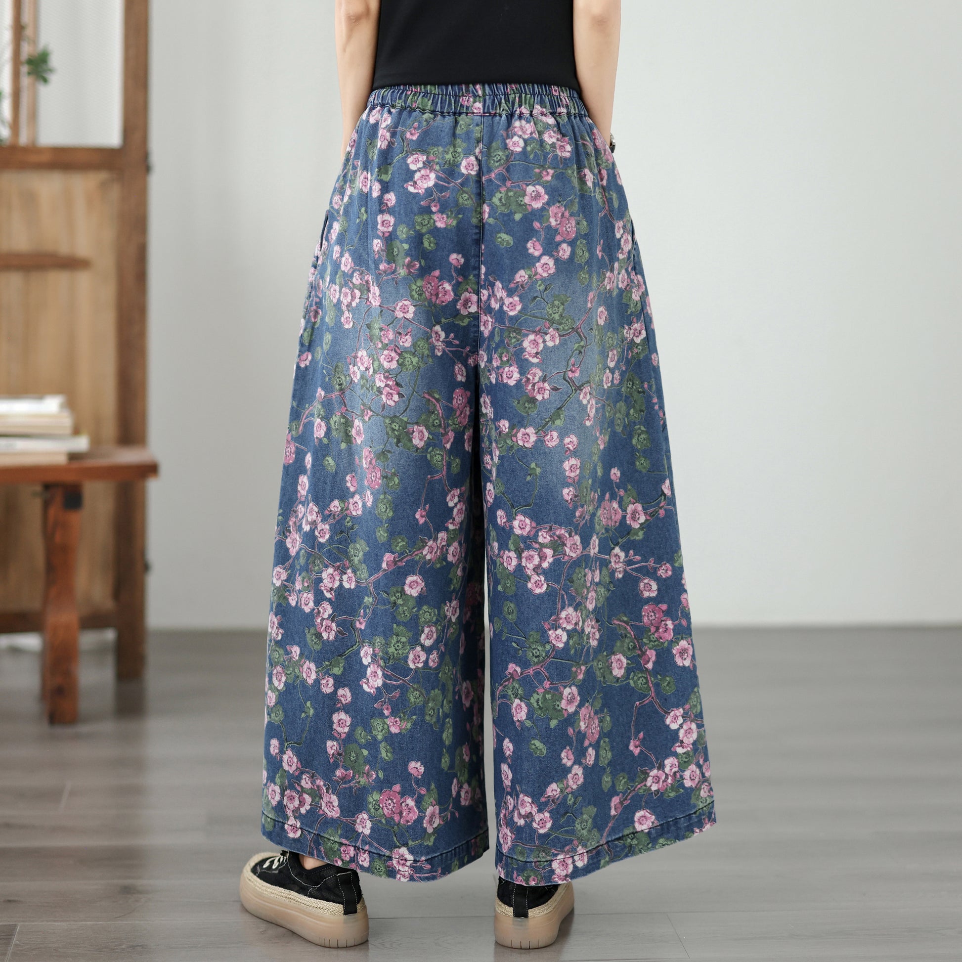Women's Wide Leg Jeans Baggy Floral Wasited Elastic Pants - LAI MENG FIVE CATS