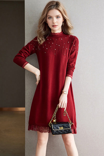 Lace Patchwork Shiny Beads Mini Sweater Dress